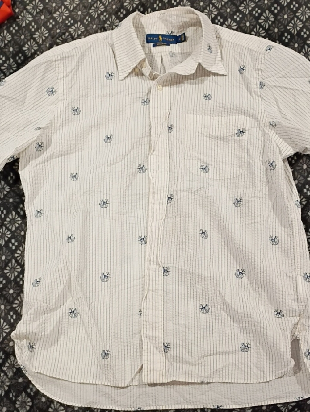 Ralph Lauren White Pinstripe Short-Sleeve Button-Down with Navy Embroidery